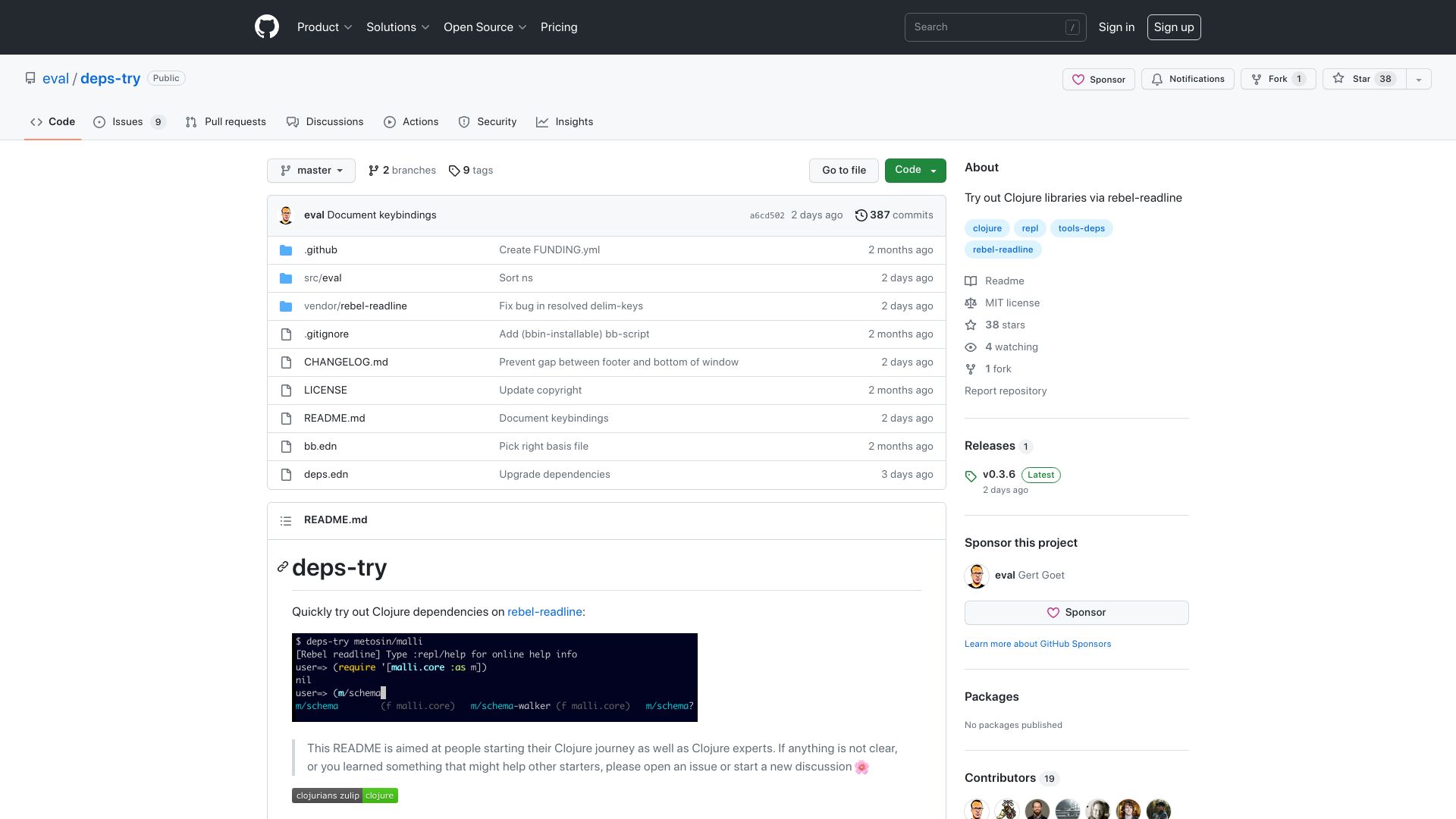 Screenshot of github.com: Try out Clojure libraries via rebel-readline