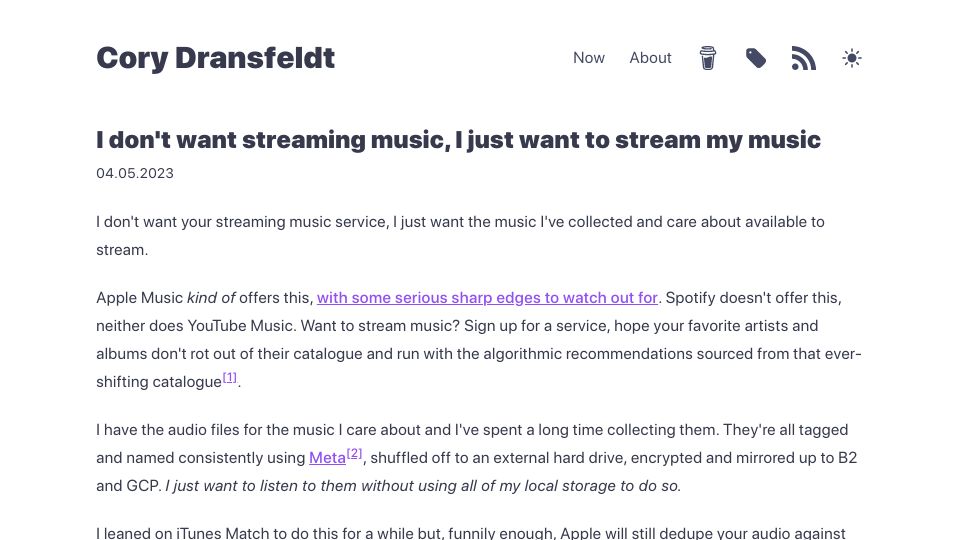 Screenshot of coryd.dev: I don't want streaming music, I just want to stream my music