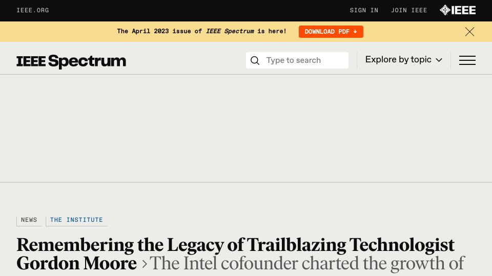 Screenshot of spectrum.ieee.org: Remembering the Legacy of Trailblazing Technologist Gordon Moore