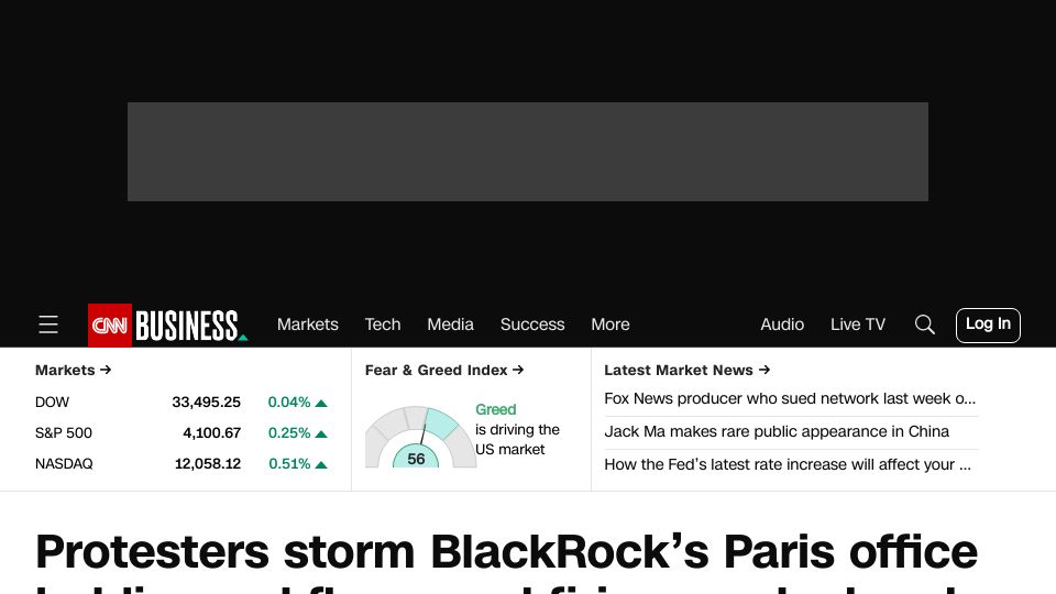 Screenshot of cnn.com: Protesters storm BlackRock’s Paris office