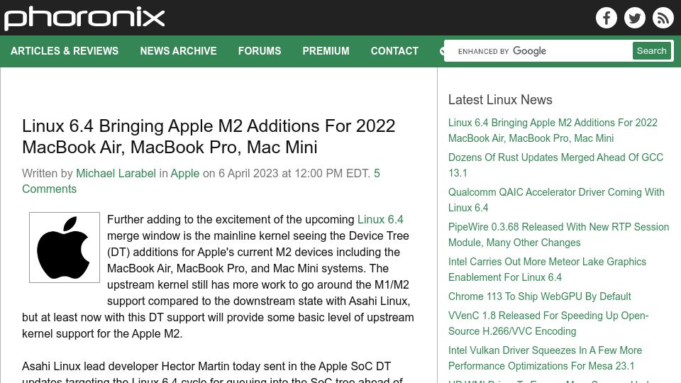 Screenshot of phoronix.com: Linux 6.4 Bringing Apple M2 Additions for 2022 MacBook and Mac Mini