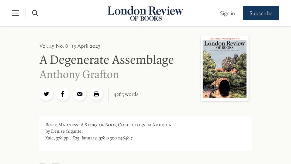 Screenshot of lrb.co.uk: A Degenerate Assemblage: Review of “Book Madness”