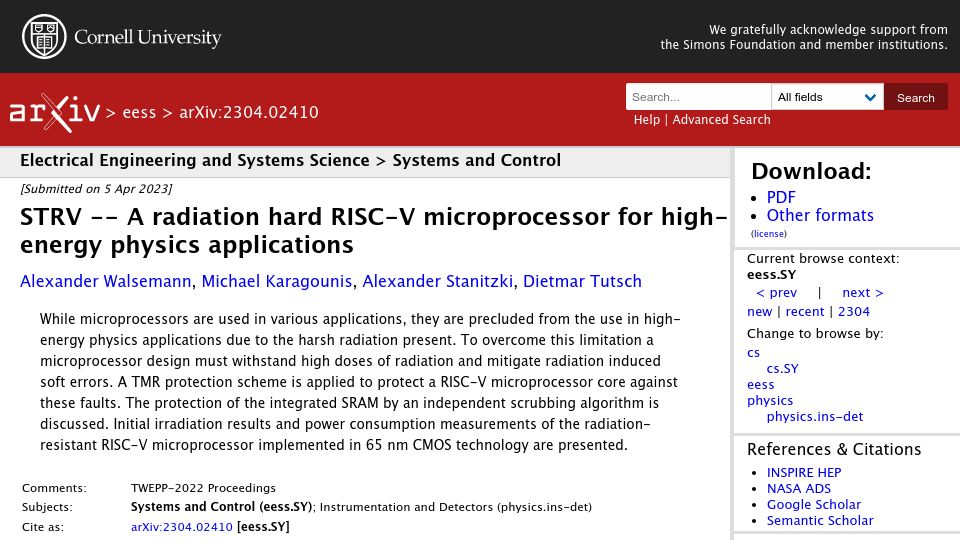Screenshot of arxiv.org: A radiation hard RISC-V microprocessor for high-energy physics applications