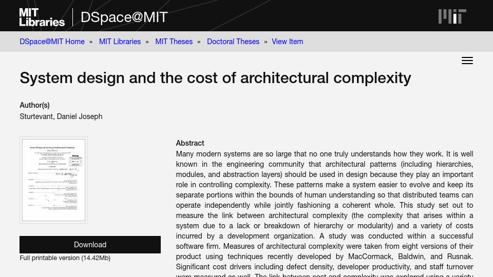 Screenshot of dspace.mit.edu: System design and the cost of architectural complexity (2013)