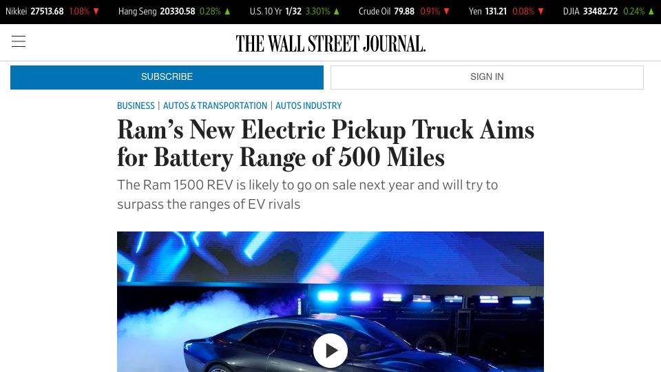 Screenshot of wsj.com: RAM’s New Electric Pickup Truck Aims for Battery Range of 500 Miles