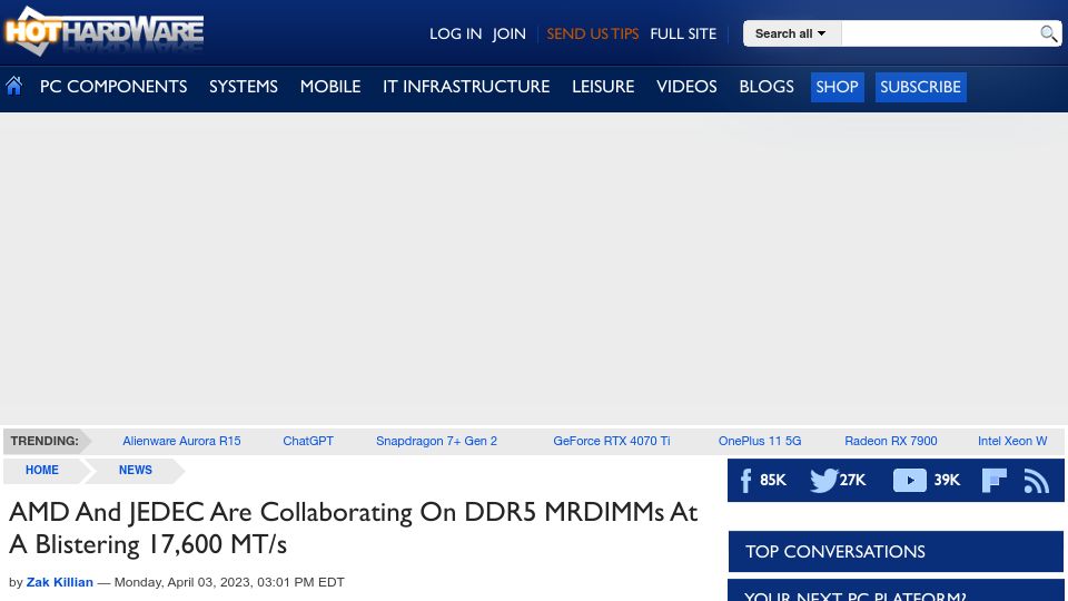 Screenshot of hothardware.com: AMD and Jedec Are Collaborating on DDR5 MRDIMMs at 17,600 MT/S