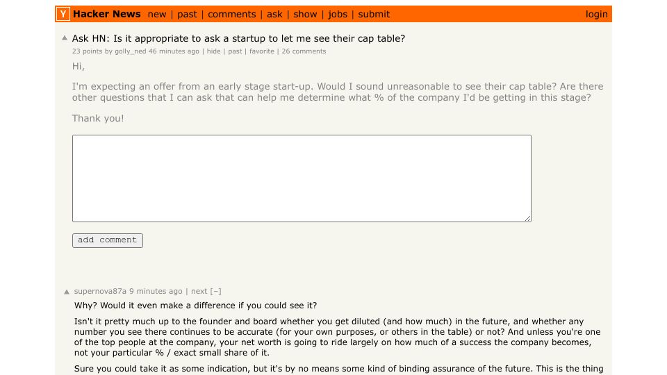 Screenshot of Hacker News post: Ask HN: Is it appropriate to ask a startup to let me see their cap table?