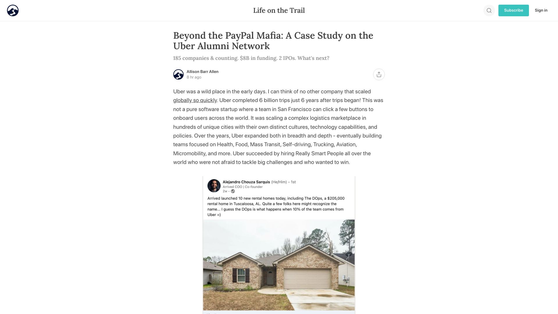 Screenshot of trailruncapital.substack.com: A Case Study on the Uber Alumni Network
