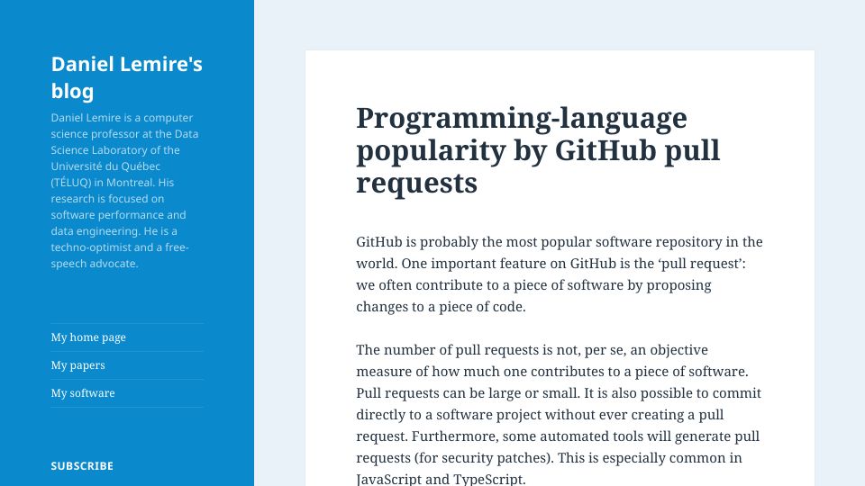 Screenshot of lemire.me: Programming-language popularity by GitHub pull requests