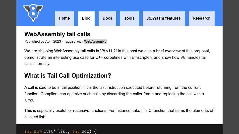 Screenshot of v8.dev: WebAssembly Tail Calls