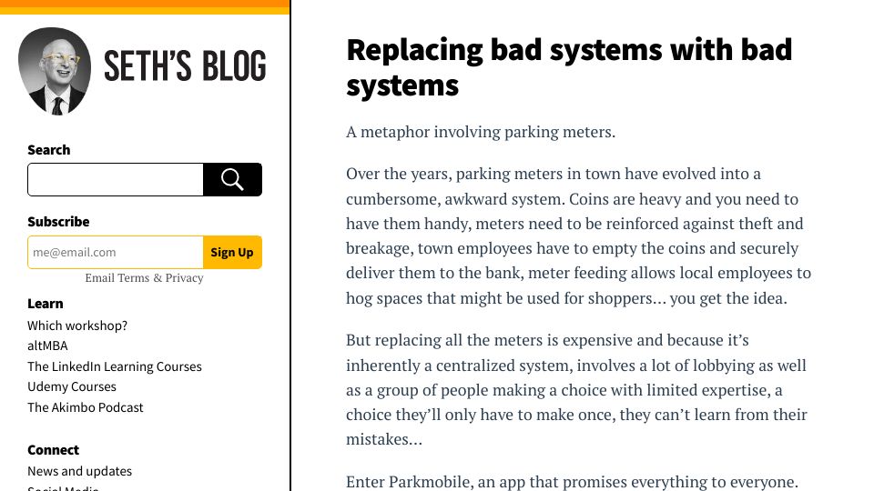 Screenshot of seths.blog: Replacing bad systems with bad systems