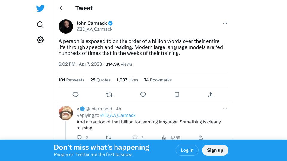 Screenshot of twitter.com: John Carmack on the Similarity of Human Learning and LLMs Training