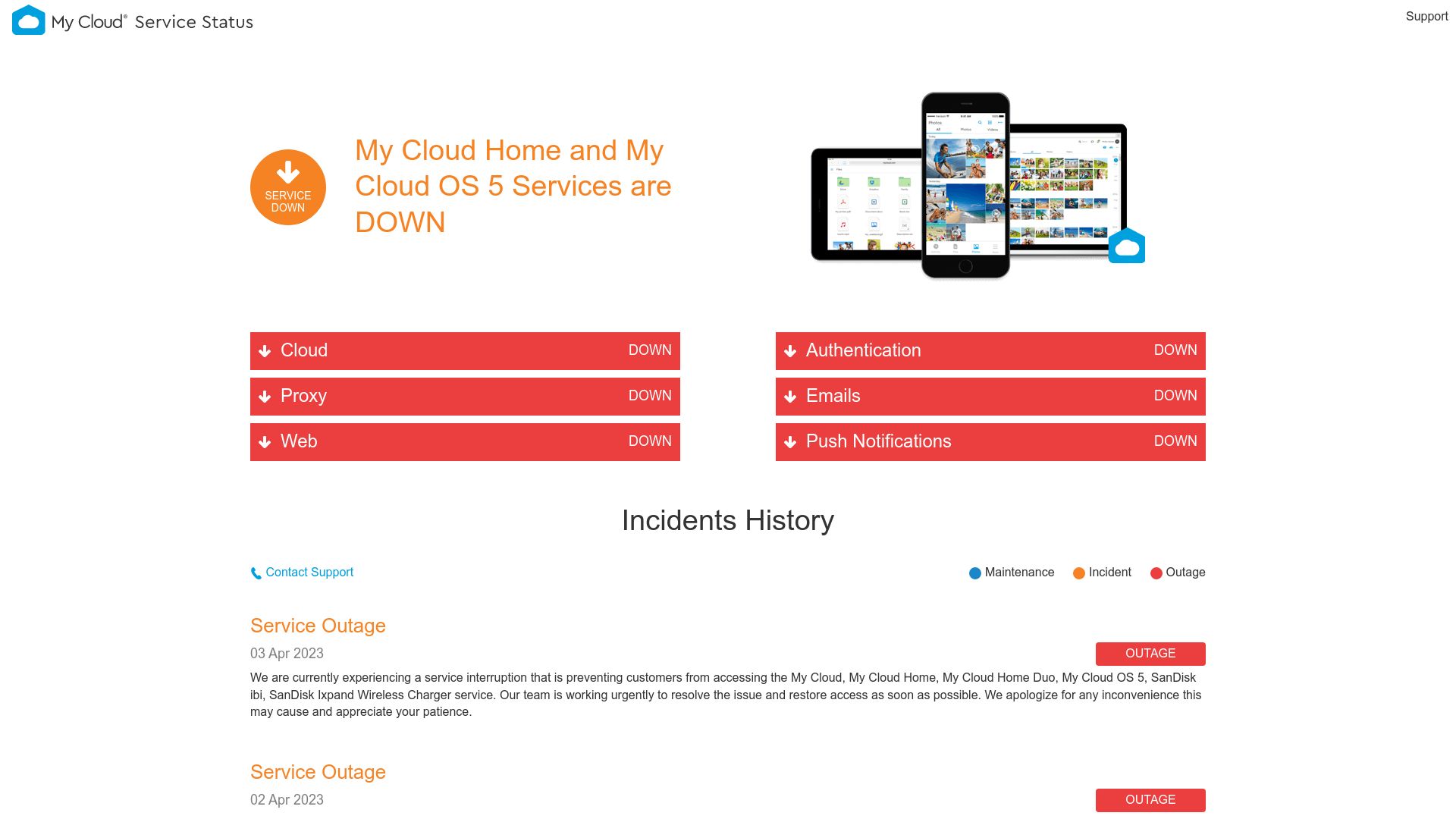 Screenshot of status.mycloud.com: Western Digital cloud services down for 4 days