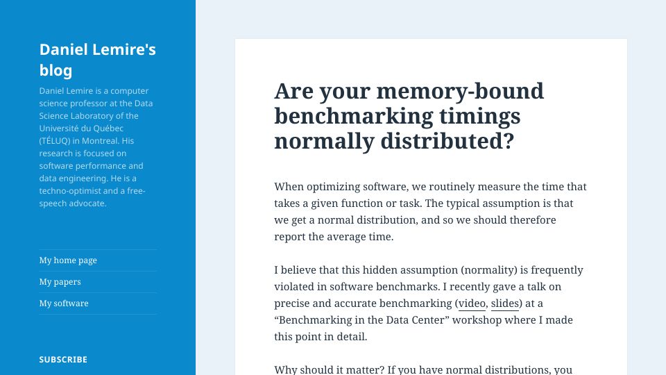 Screenshot of lemire.me: Are your memory-bound benchmarking timings normally distributed?