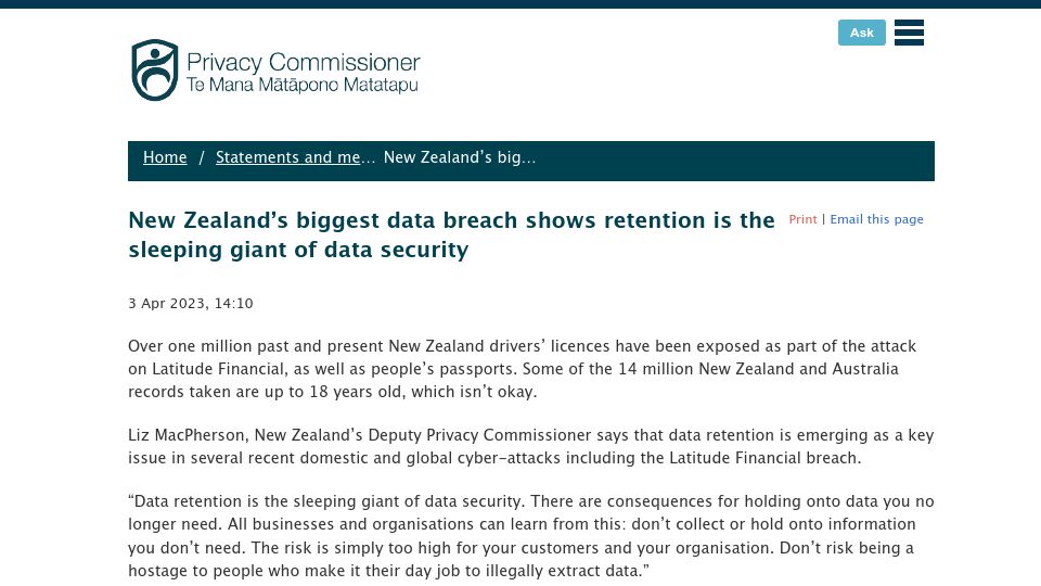 Screenshot of privacy.org.nz: NZ’s biggest data breach shows retention is the sleeping giant of data security