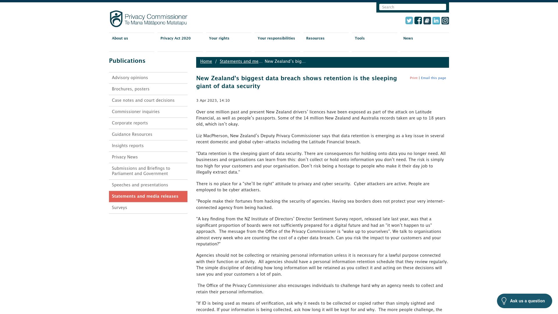 Screenshot of privacy.org.nz: NZ’s biggest data breach shows retention is the sleeping giant of data security