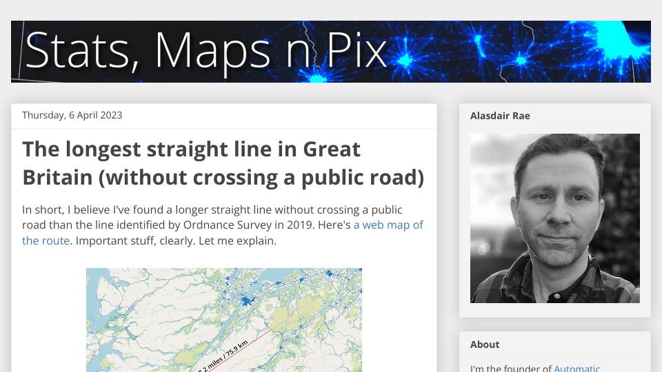 Screenshot of statsmapsnpix.com: The longest straight line in Great Britain without crossing a public road