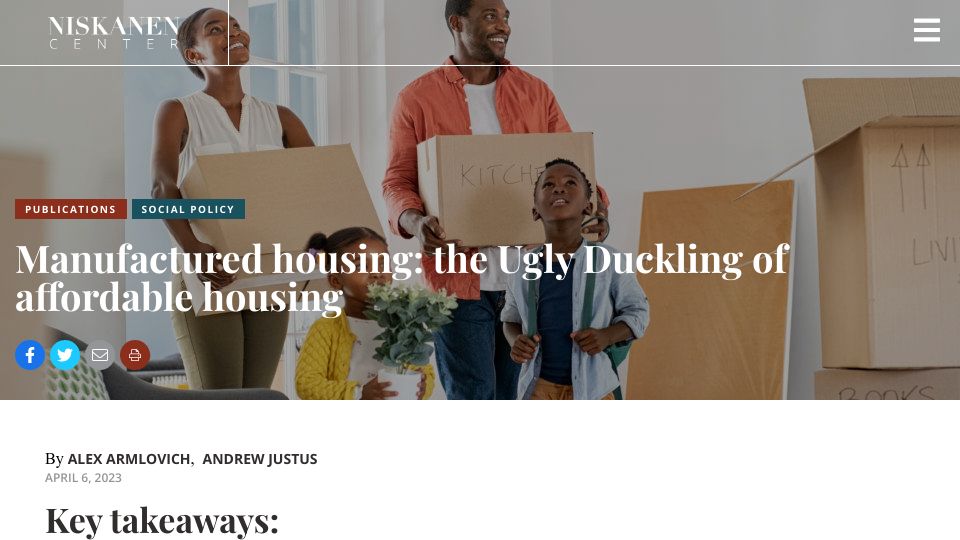 Screenshot of niskanencenter.org: Manufactured housing: the Ugly Duckling of affordable housing