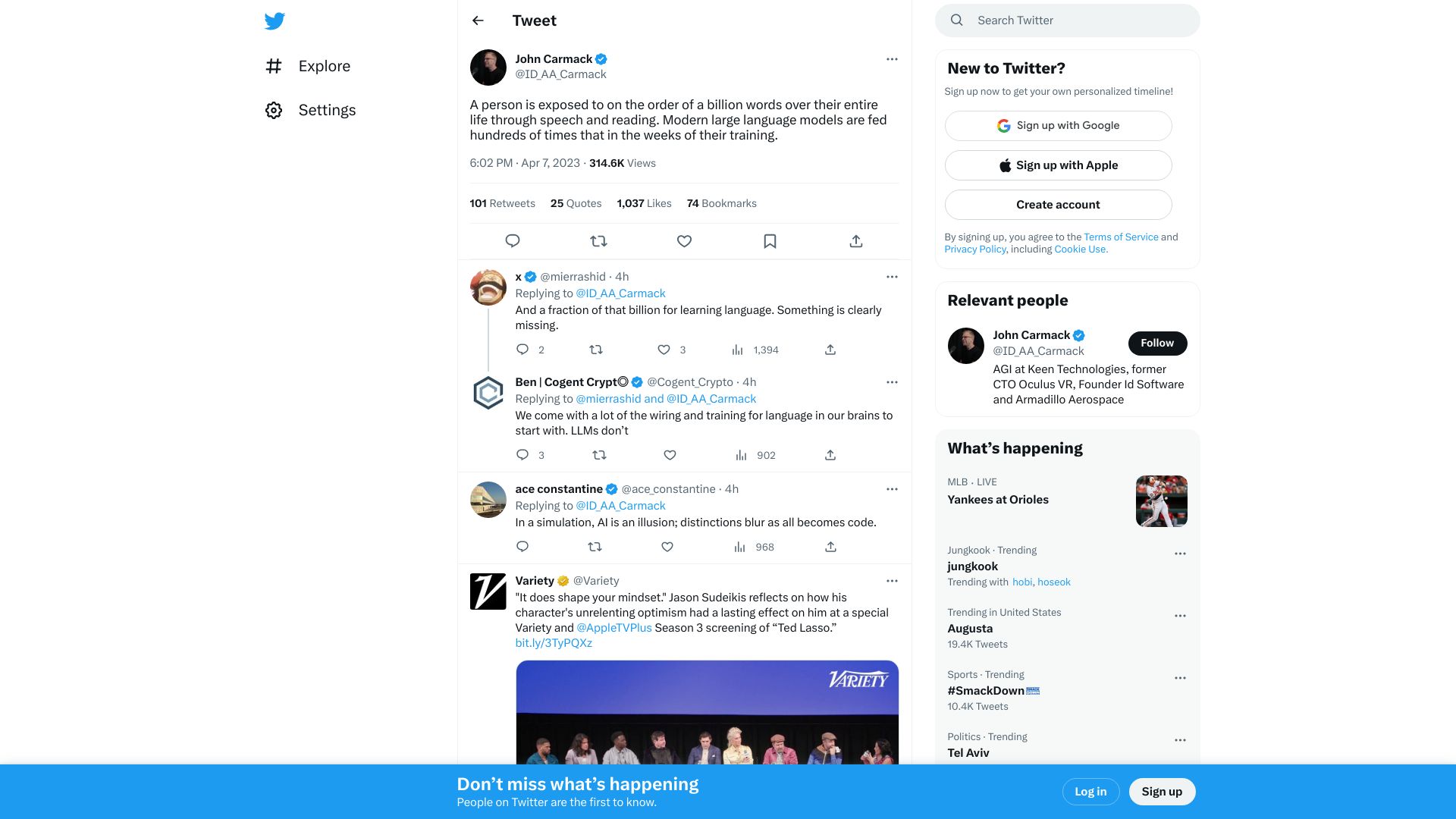 Screenshot of twitter.com: John Carmack on the Similarity of Human Learning and LLMs Training