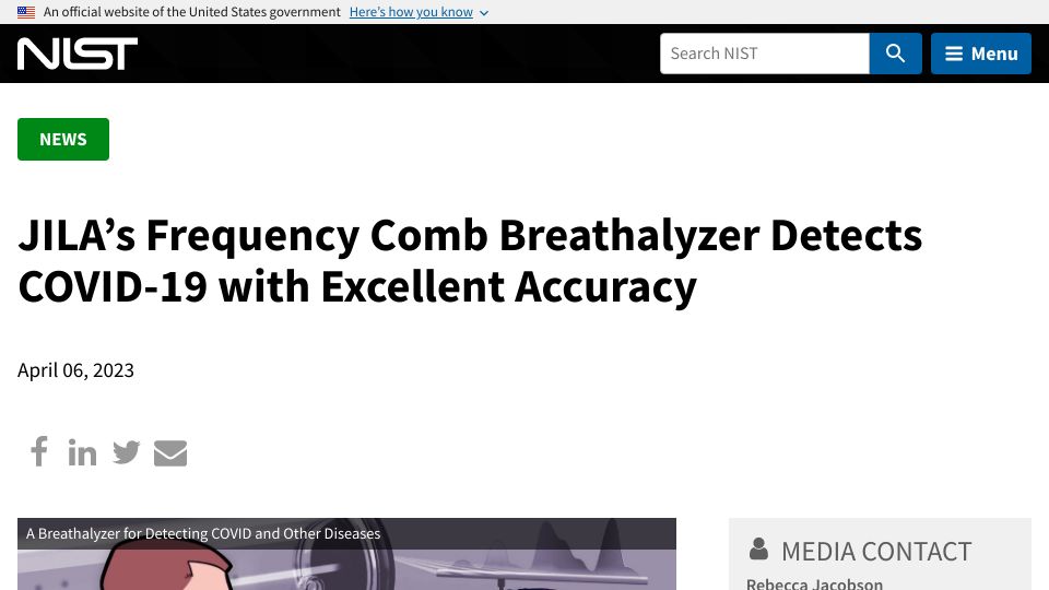 Screenshot of nist.gov: Frequency comb breathalyzer detects Covid with excellent accuracy