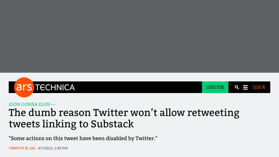 Screenshot of arstechnica.com: Twitter won’t allow retweeting tweets linking to Substack