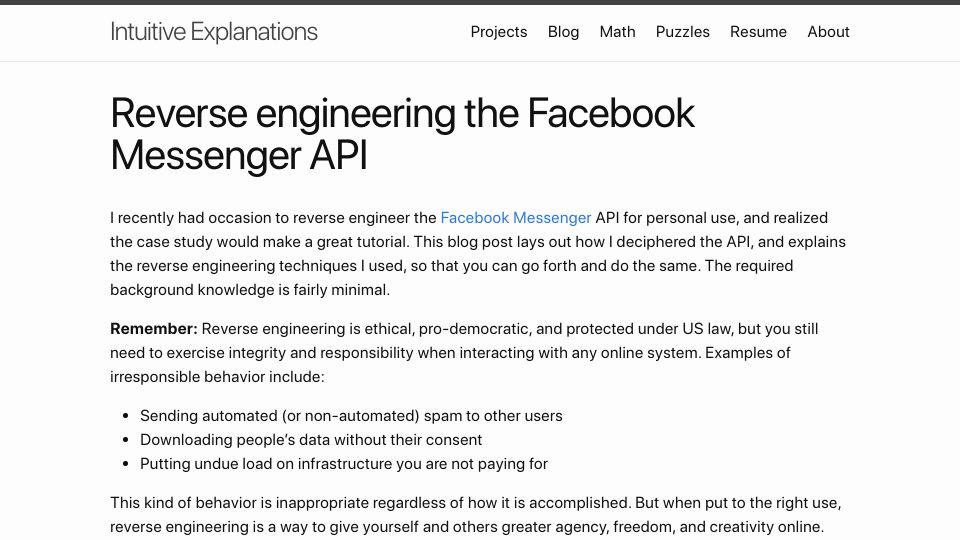 Screenshot of intuitiveexplanations.com: Reverse Engineering the Facebook Messenger API