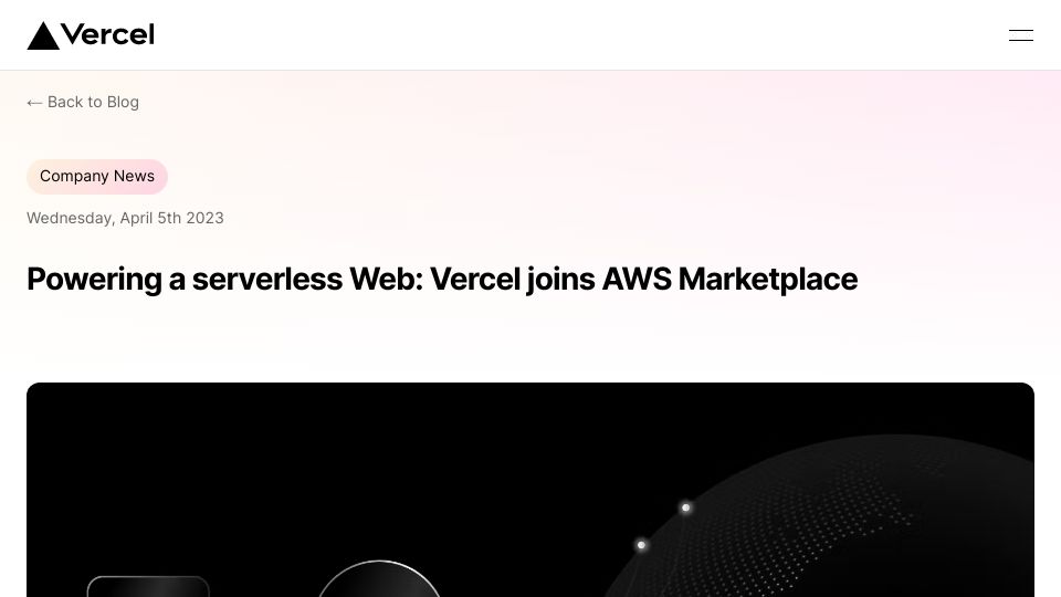 Screenshot of vercel.com: Powering a Serverless Web: Vercel Joins AWS Marketplace