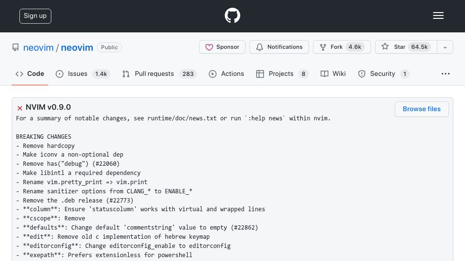 Screenshot of github.com: Neovim 0.9