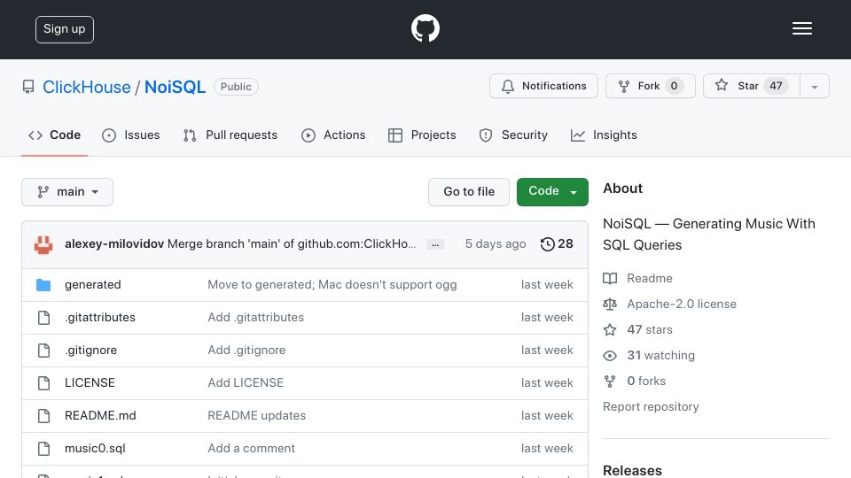 Screenshot of github.com: Show HN: Building musical synthesizers with SQL queries