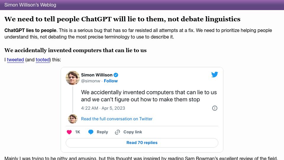 Screenshot of simonwillison.net: We need to tell people ChatGPT will lie to them, not debate linguistics
