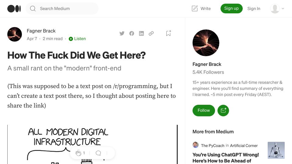 Screenshot of fagnerbrack.com: How the fuck did we get here? A small rant on the "modern" front-end