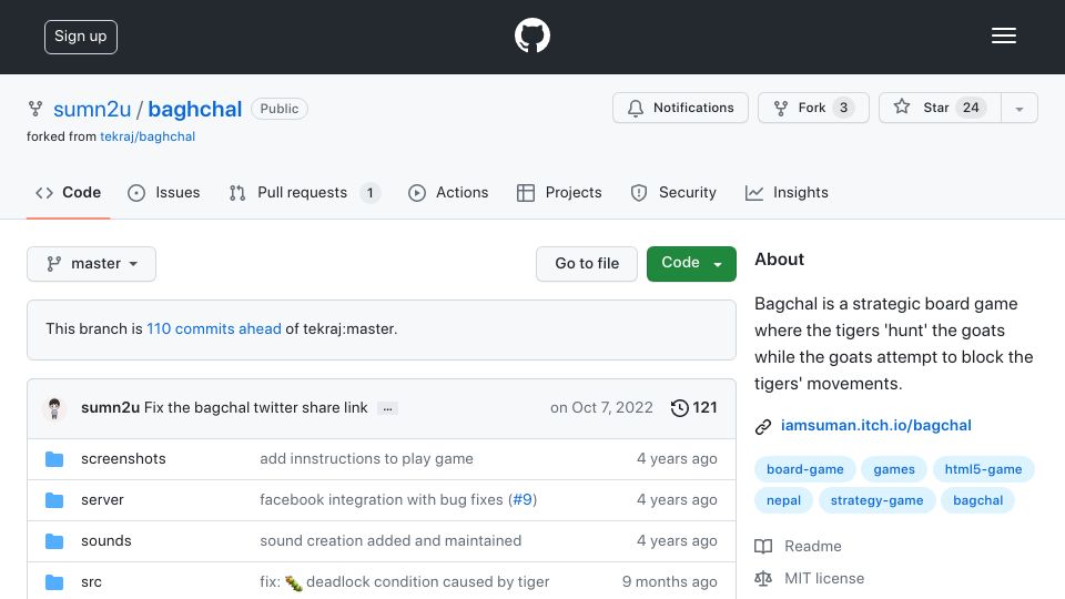 Screenshot of github.com: Board game where tigers hunt goats while goats block their movements