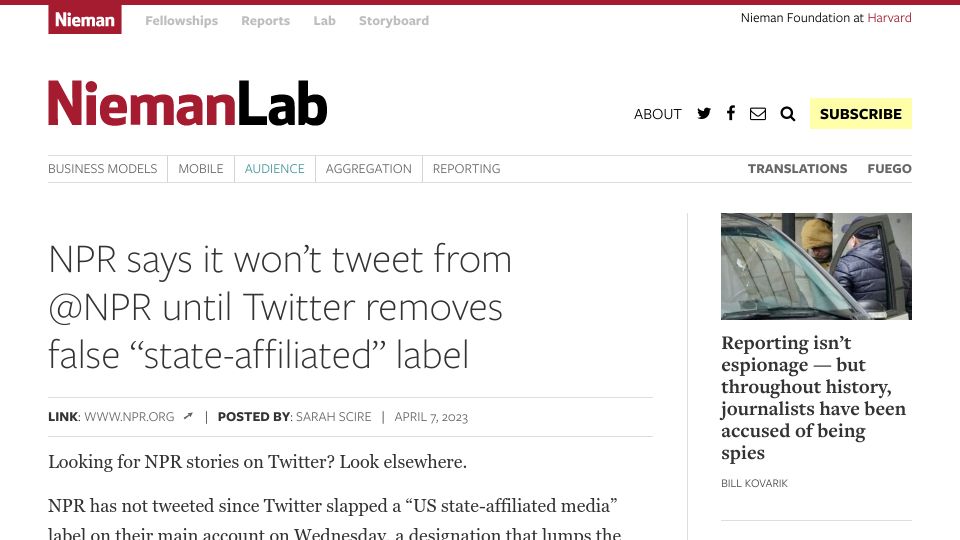 Screenshot of niemanlab.org: NPR won’t tweet from NPR until Twitter removes false “state-affiliated” label