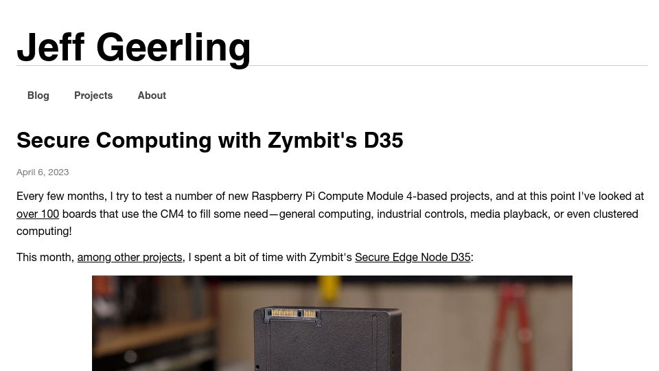 Screenshot of jeffgeerling.com: Secure Computing with Zymbit's D35