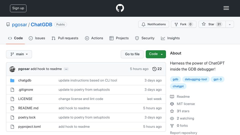 Screenshot of github.com: Show HN: ChatGDB – GPT-Powered GDB Assistant