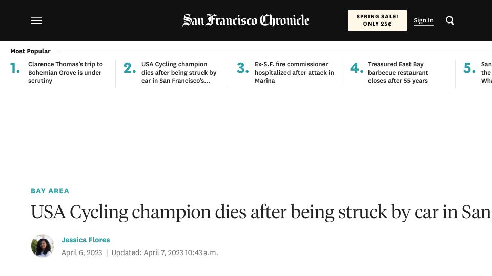 Screenshot of sfchronicle.com: USA Cycling champion dies after being struck by car in San Francisco’s Presidio