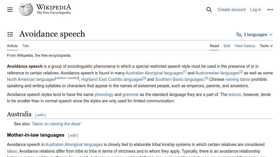 Screenshot of en.wikipedia.org: Avoidance Speech
