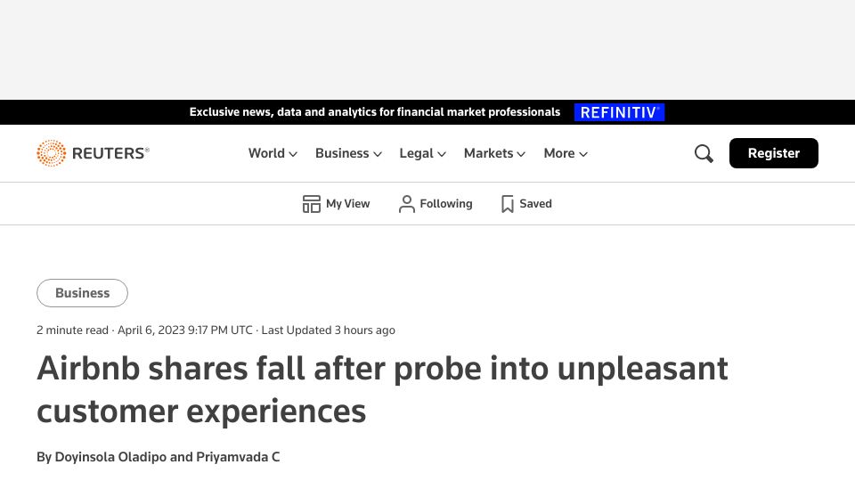 Screenshot of reuters.com: Airbnb shares fall after probe into unpleasant customer experiences