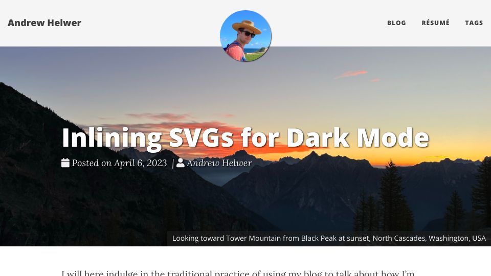 Screenshot of ahelwer.ca: Inlining SVGs for Dark Mode