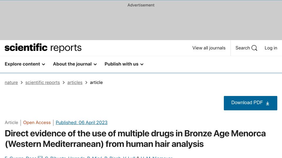 Screenshot of nature.com: Direct evidence of the use of multiple drugs in Bronze Age from human hair test