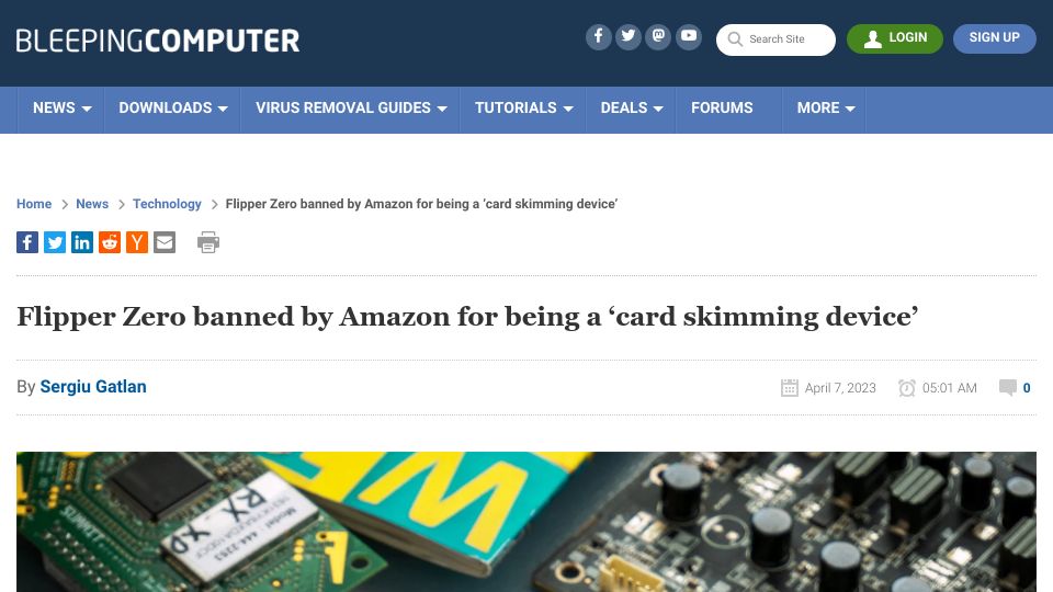 Screenshot of bleepingcomputer.com: Flipper Zero banned by Amazon for being a ‘card skimming device’