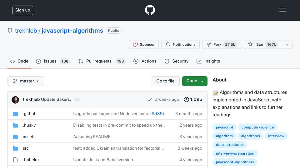 Screenshot of github.com: JavaScript-algorithms: Algorithms and data structures implemented in JavaScript
