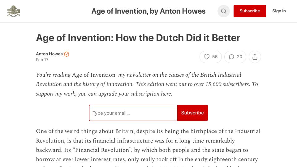 Screenshot of antonhowes.substack.com: Age of Invention: How the Dutch Did It Better