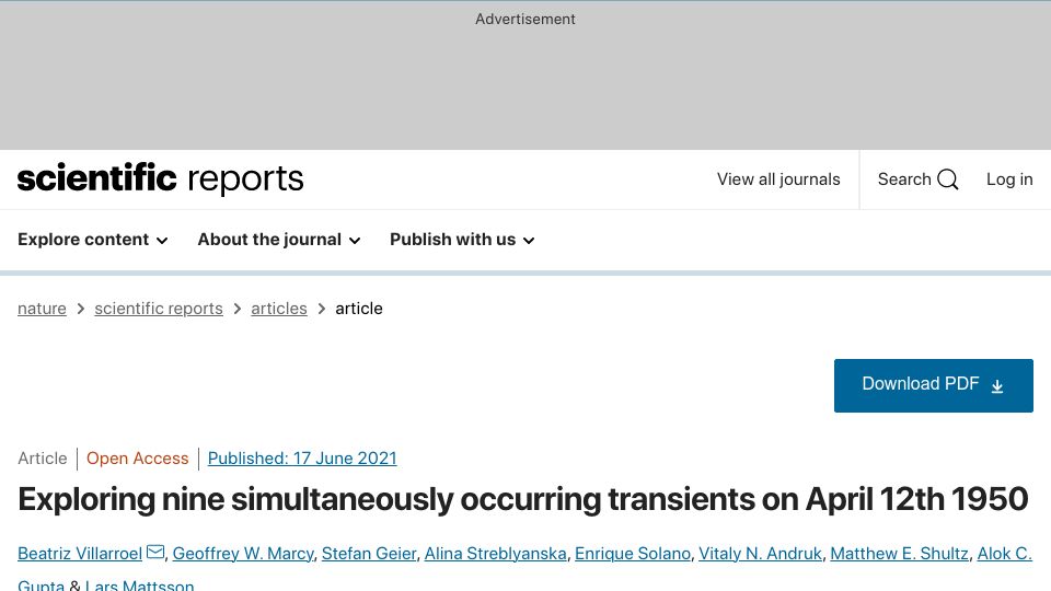 Screenshot of nature.com: Exploring nine simultaneously occurring transients on April 12th 1950 (2021)