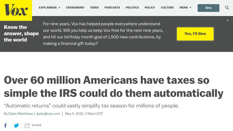 Screenshot of vox.com: 60M Americans have taxes so simple the IRS could do them automatically