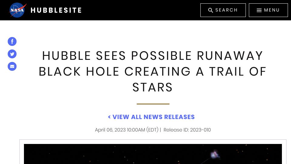 Screenshot of hubblesite.org: Hubble sees possible runaway black hole creating a trail of stars