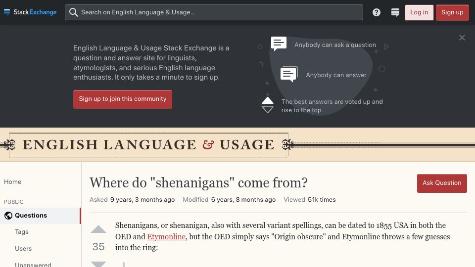 Screenshot of english.stackexchange.com: Where Do “Shenanigans” Come From? (2013)