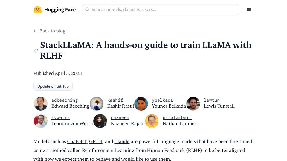 Screenshot of huggingface.co: StackLlama: A hands-on guide to train LlaMa with RLHF