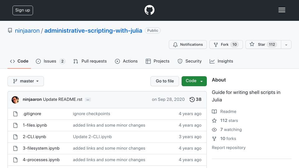 Screenshot of github.com: Administrative Scripting with Julia