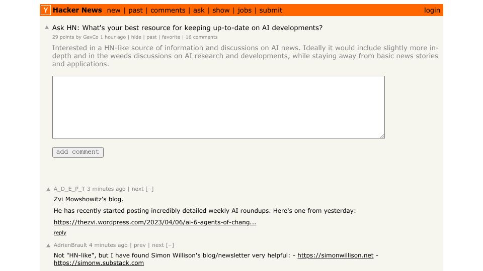 Screenshot of Hacker News post: Ask HN: What's your best resource for keeping up-to-date on AI developments?